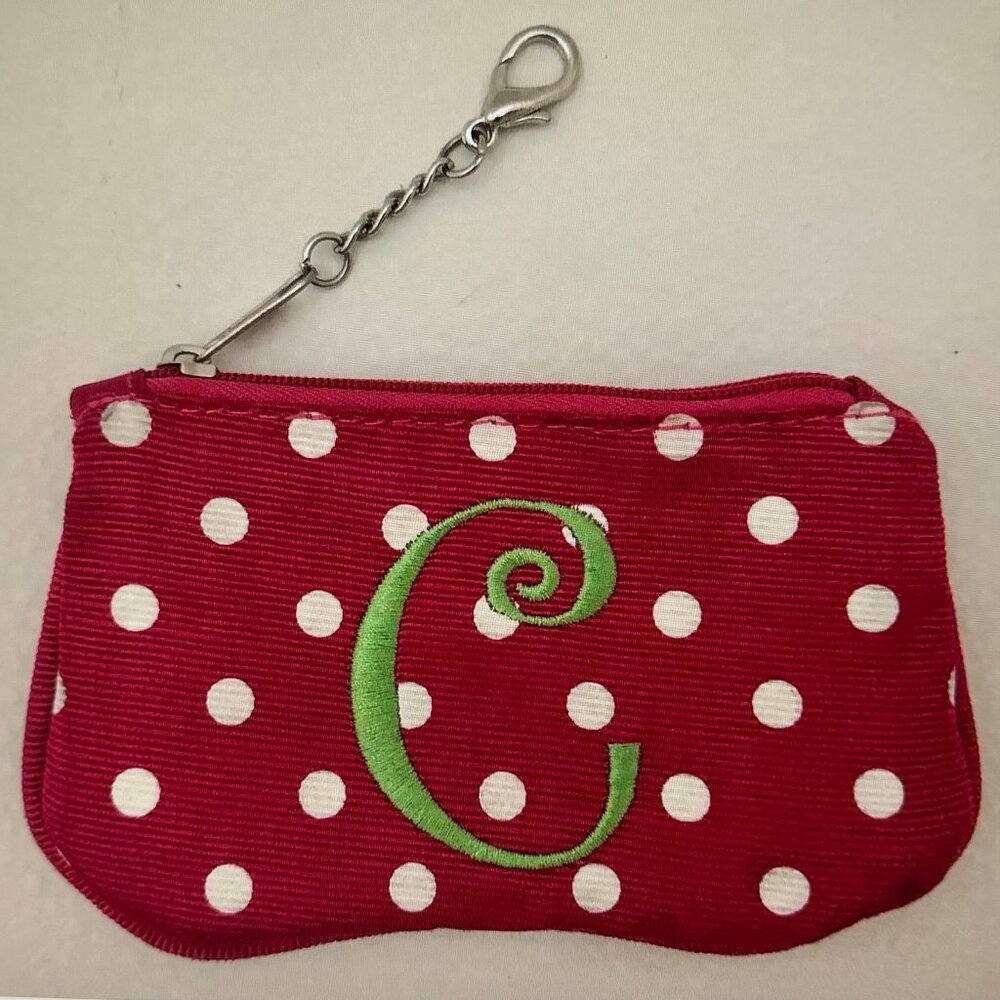 WOMAN'S GIRLS MSC MAINSTREET COLLECTION ZIP COIN BAG PINK WHITE DOTS LETTER "C"